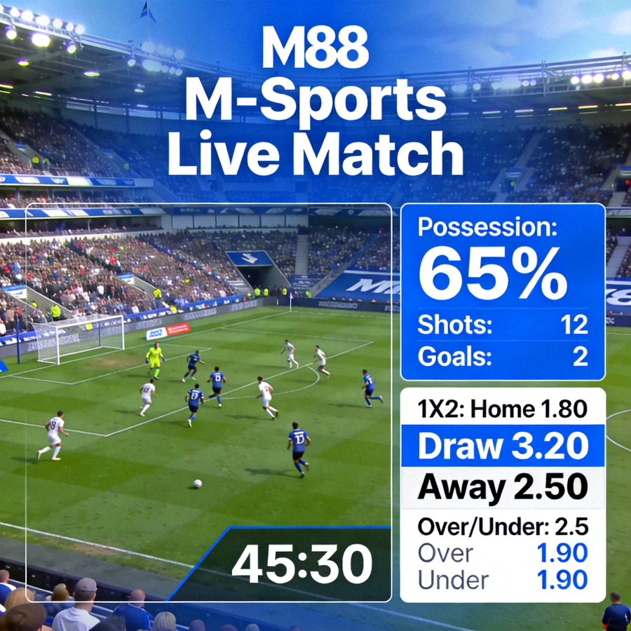 M88 M-Sports Live Match - Tampilan detail pertandingan live dengan statistik dan pilihan taruhan